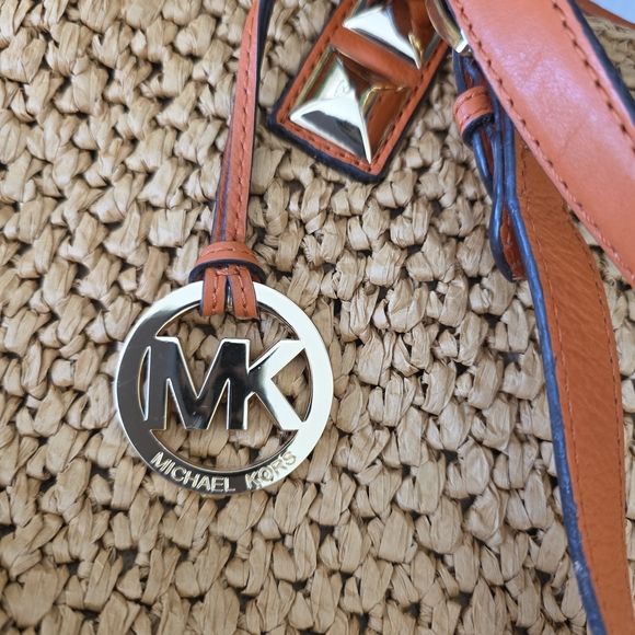 Michael Kors Santorini Raffia Basket Tote Tan Straw Tangerine Leather MK Charm - Picture 6 of 12